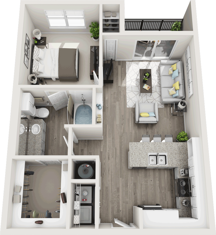 Floor plan for 1 bed, 1 bath, 726 sqft